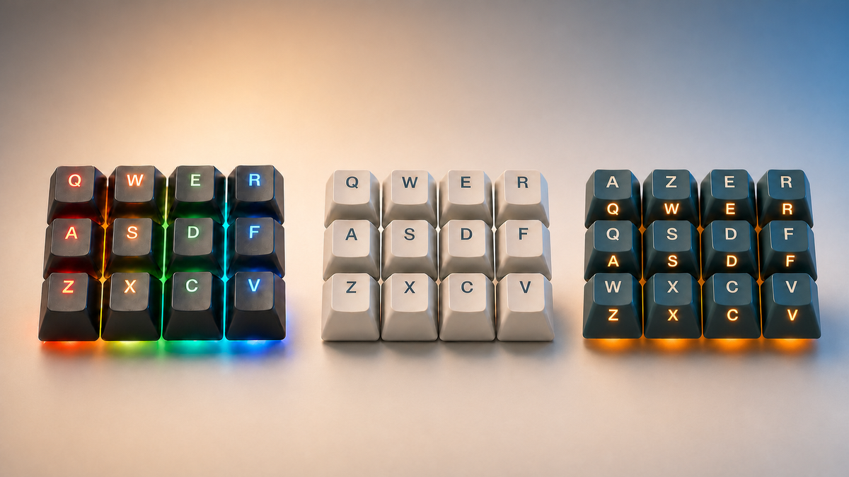 Three-row comparison of RGB shine-through, opaque QWERTY, and dual-legend keycaps with local AZERTY tops and illuminated English QWERTY side legends