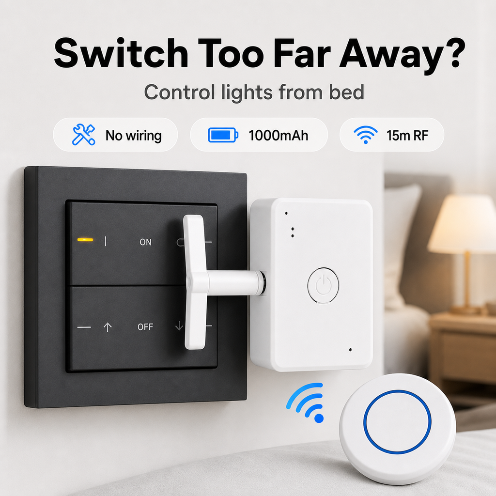 Simposwitch wireless remote light switch kit mounted on a wall switch