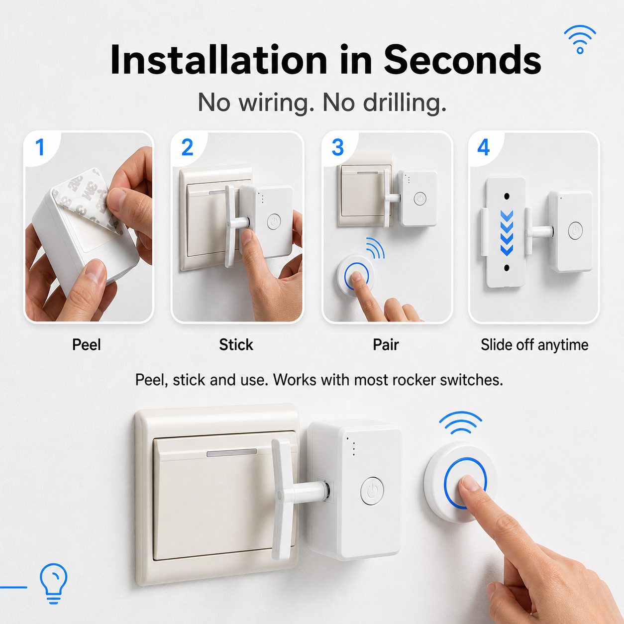 Simposwitch adhesive installation without drilling or rewiring