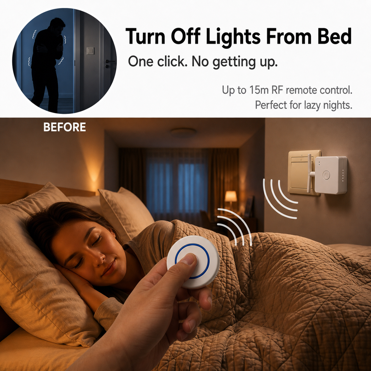 Simposwitch remote control for turning off bedroom lights from bed