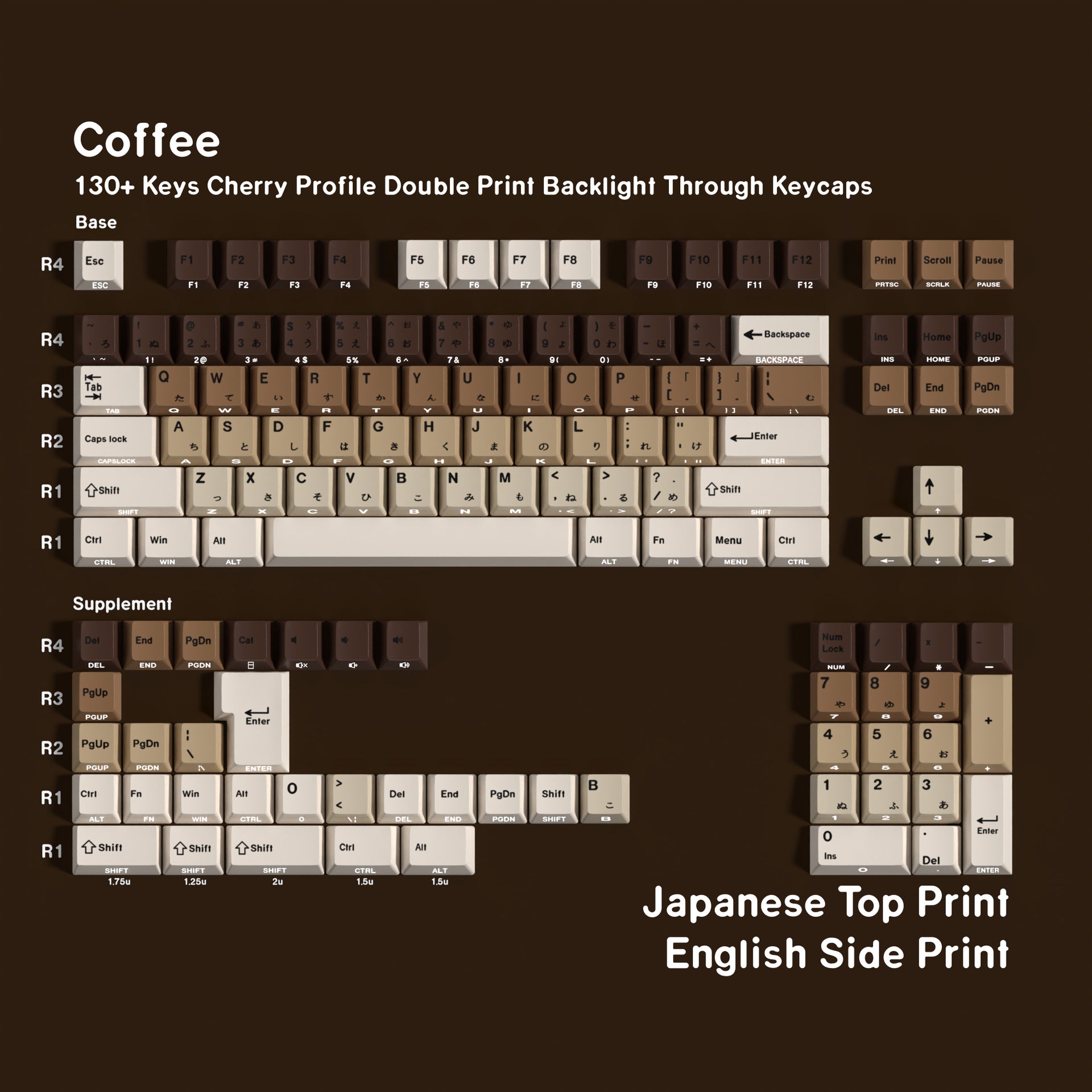 COFFEE Double-shot Shine-through PBT Cherry Profile Full Keycap Set DE (QWERTZ) / ES / FR (AZERTY) / Arabic / Japanese ·Compatible ISO & ANSI
