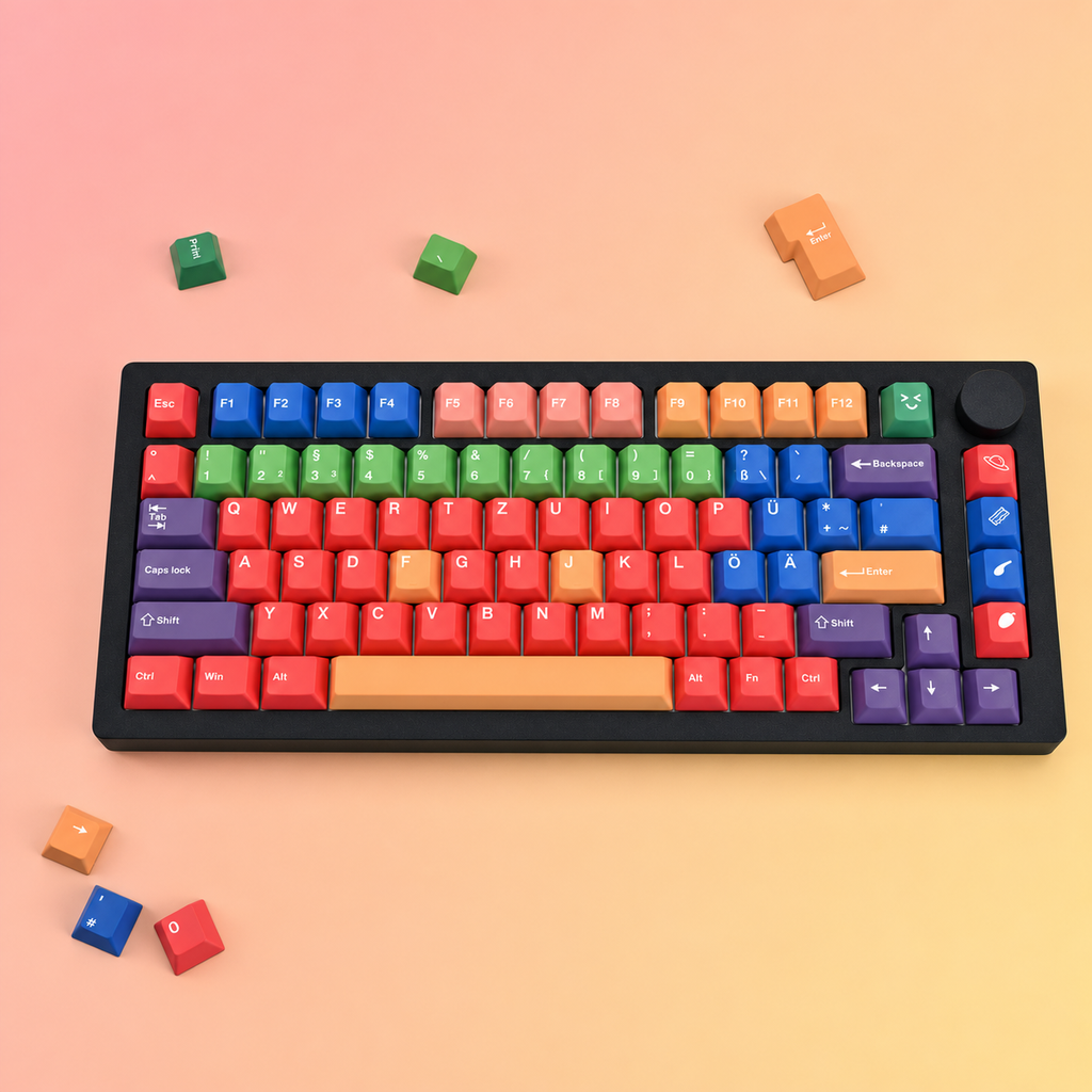 Beti German QWERTZ keycaps on a black keyboard, full top view