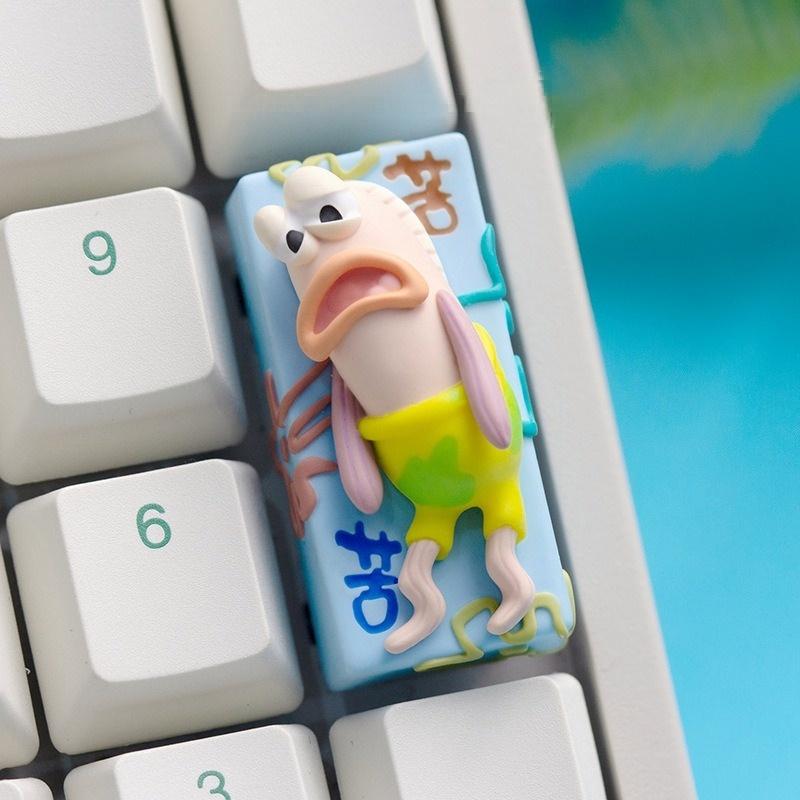 Tired fish 2U keycap installed on a white keyboard