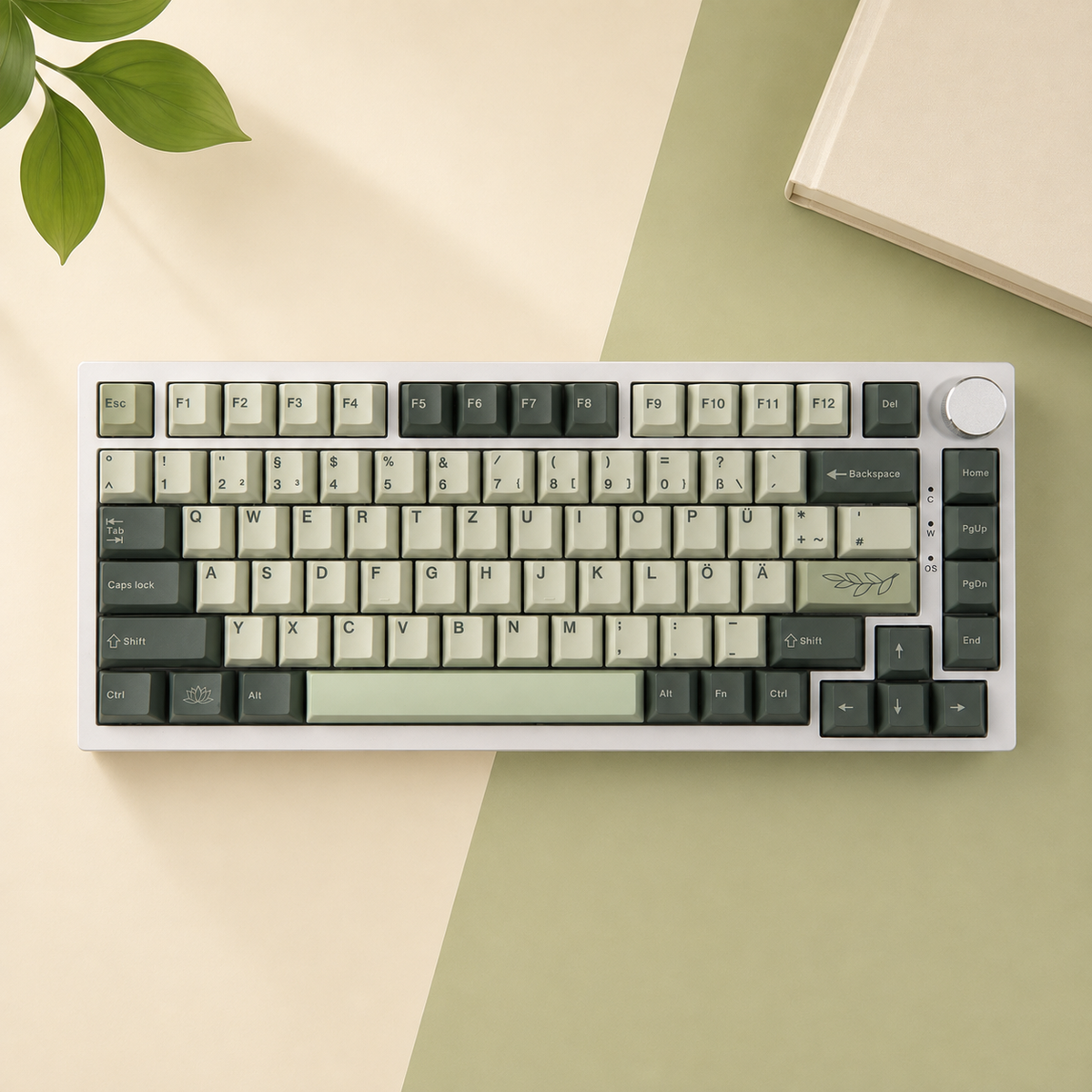 Botanical German QWERTZ keycaps, full keyboard top view