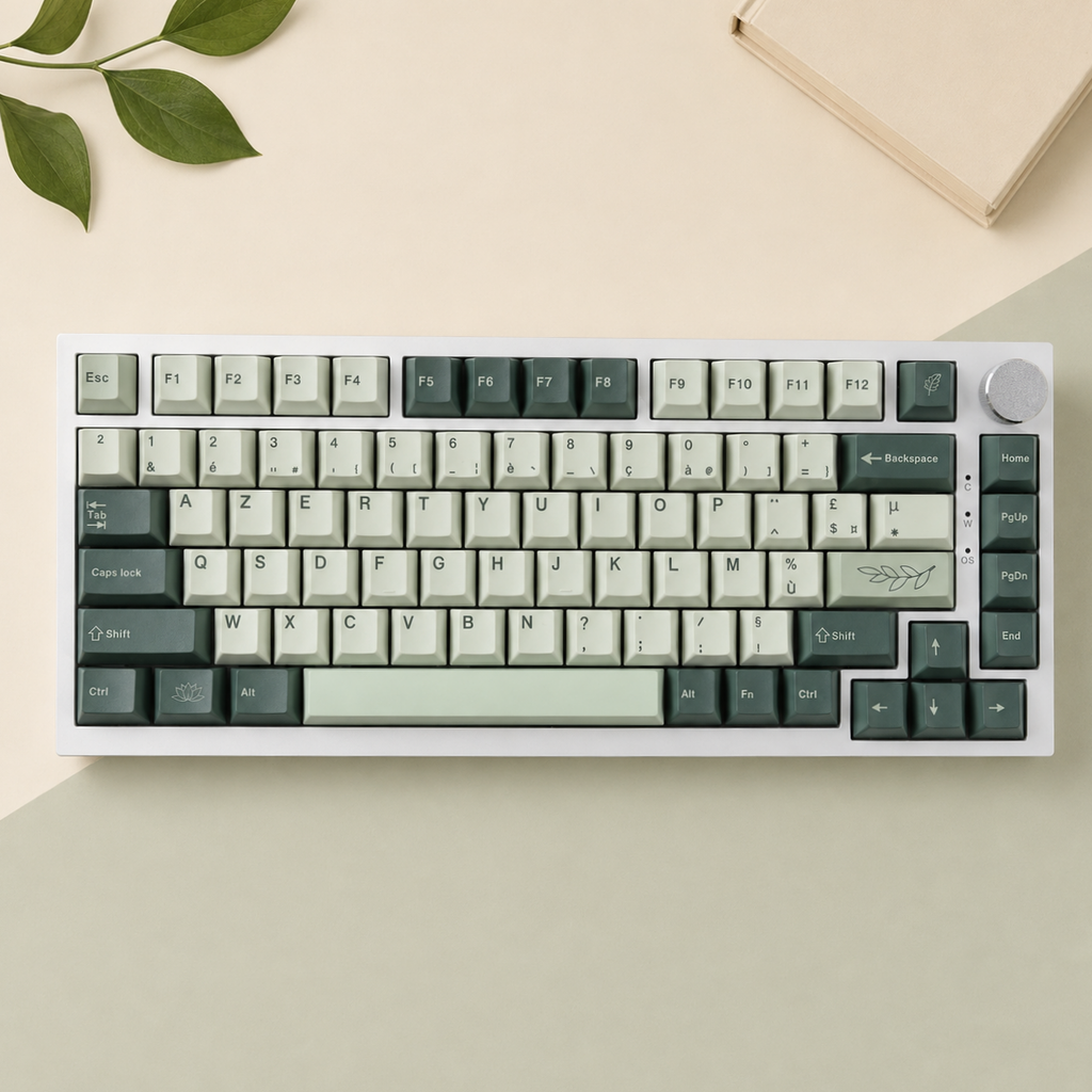 Botanical French AZERTY keycaps, full keyboard top view