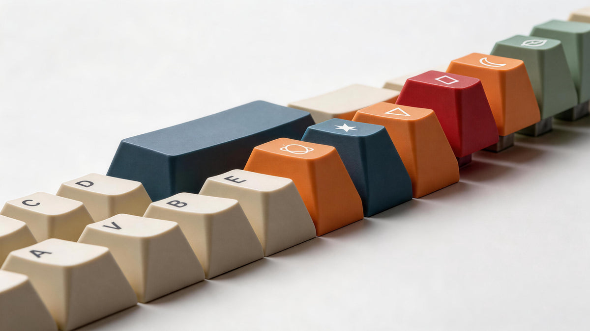 Cream and colourful keycaps arranged diagonally, with letters and simple novelty symbols.
