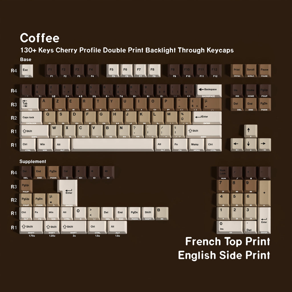 SimpoCubic Coffee Shine-through PBT Cherry Keycap Set French double engraved layout option