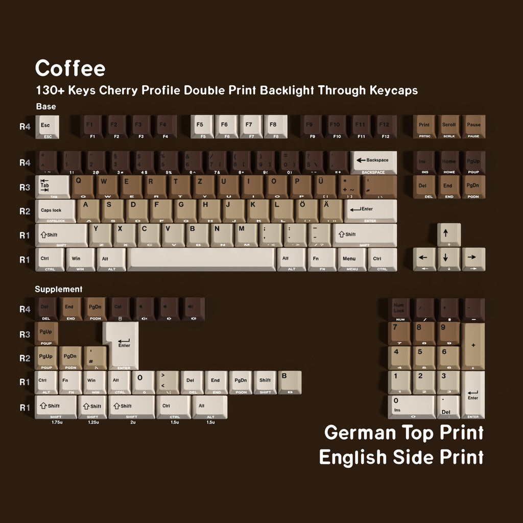 SimpoCubic Coffee Shine-through PBT Cherry Keycap Set German double engraving layout option