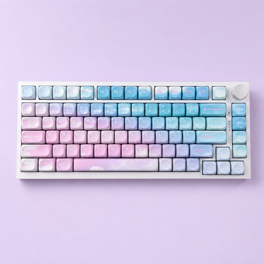 Dreamy MOA German QWERTZ keycaps on a keyboard, full top view