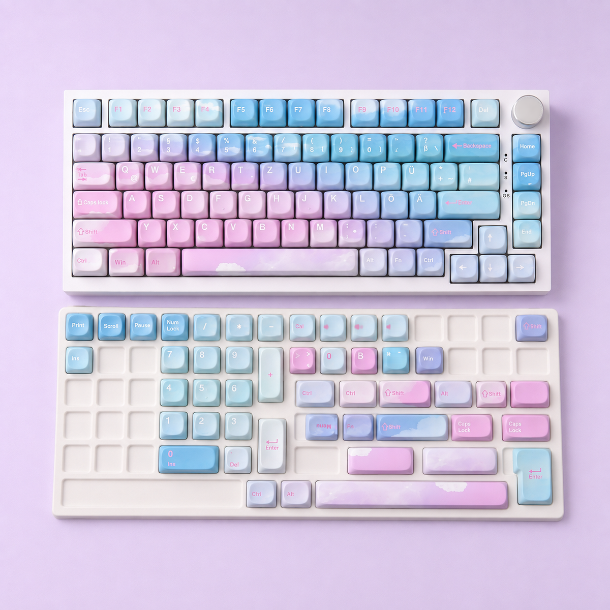 Dreamy MOA German QWERTZ keycaps with spare keys on an ivory display insert