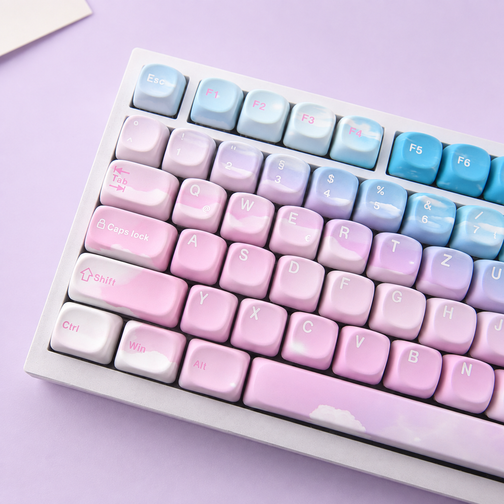 Dreamy MOA German keycaps, left-side detail showing Q with @ and E with euro symbol