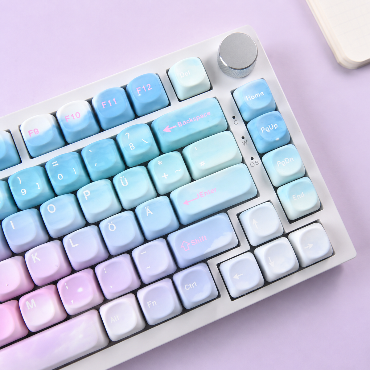 Dreamy MOA German keycaps, right-side angled view with silver control knob
