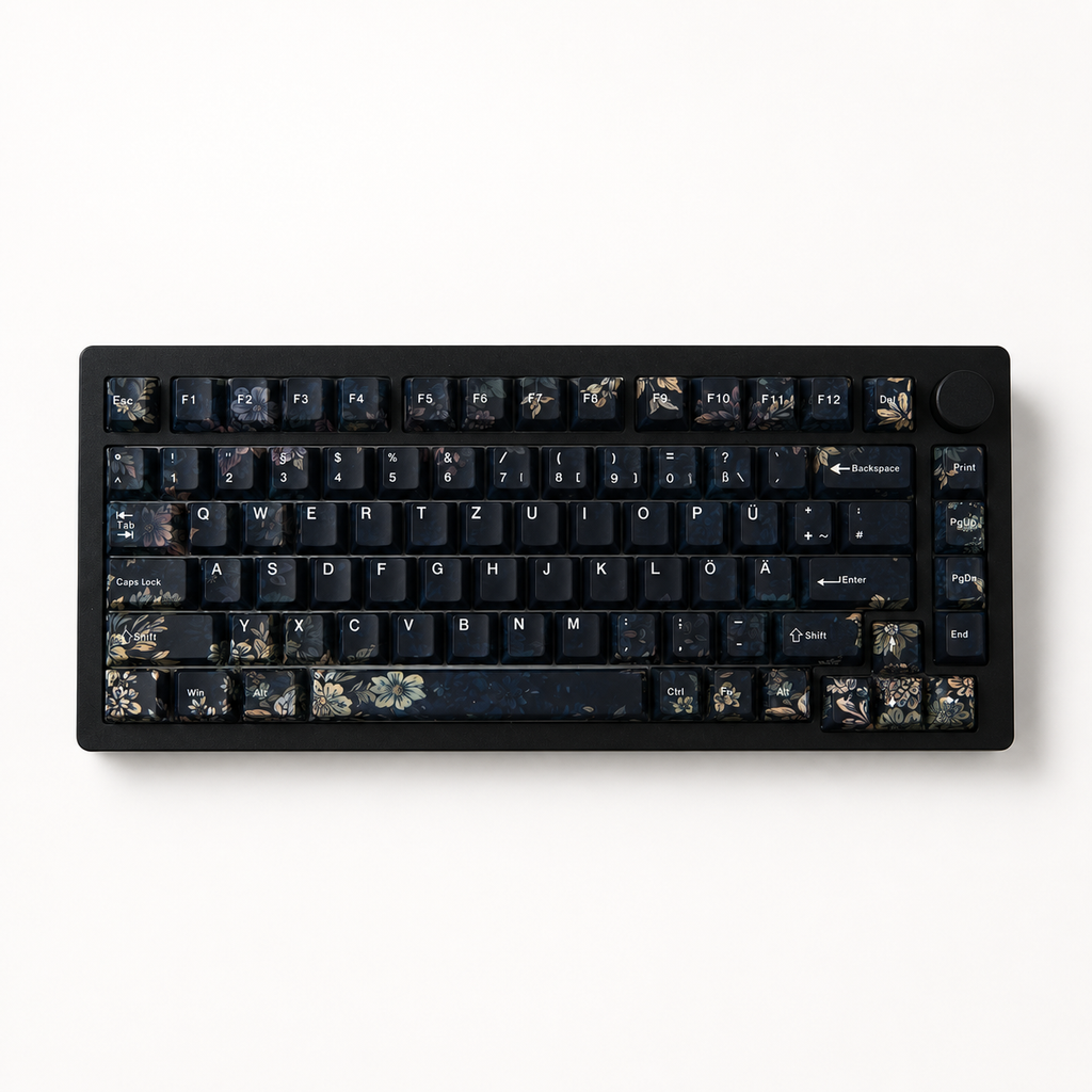 Faint Fragrance German QWERTZ keycaps, white-background full keyboard top view