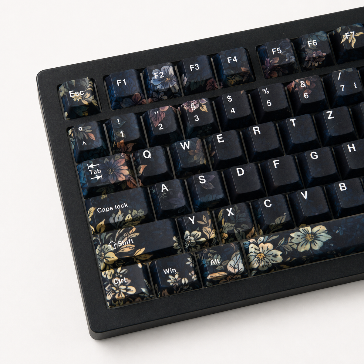 Faint Fragrance German QWERTZ keycaps, white-background left layout angle view