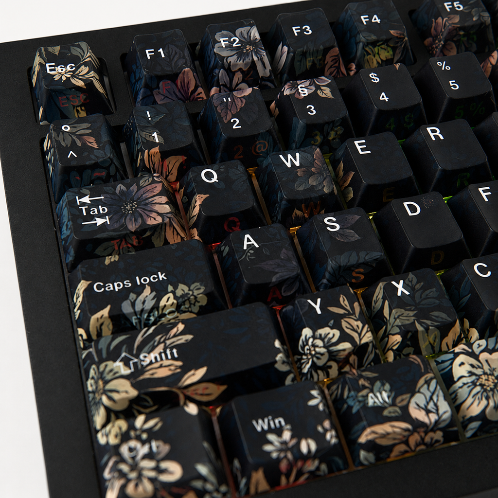Faint Fragrance German QWERTZ keycaps, white-background RGB floral close-up