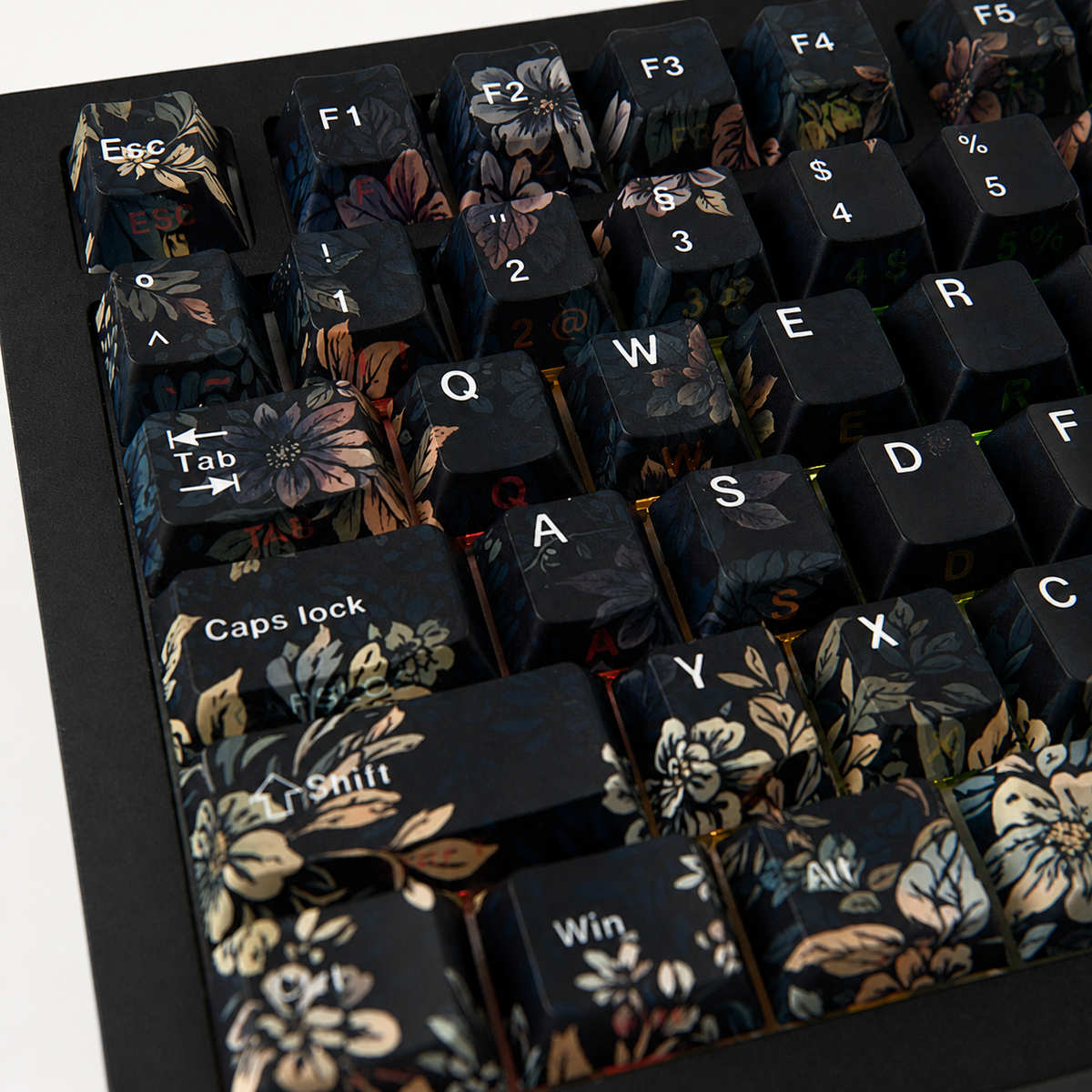 Faint Fragrance German QWERTZ keycaps, white-background RGB floral close-up