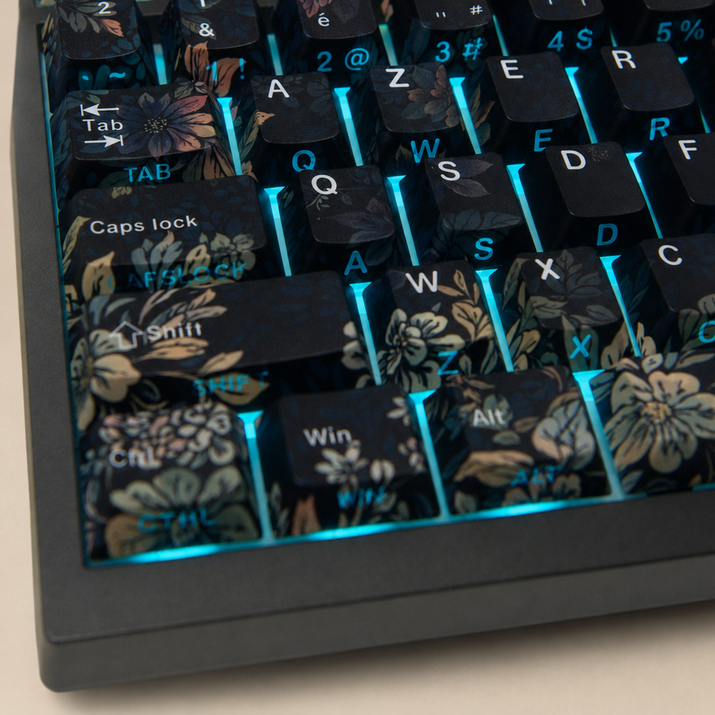 Faint Fragrance French AZERTY keycaps, side legend backlight