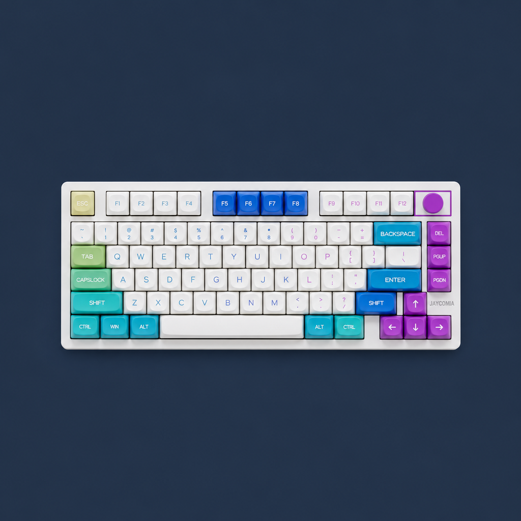 SIMPOCUBIC Fantasy MOA PBT keycaps with English legends on a standard keyboard, front view
