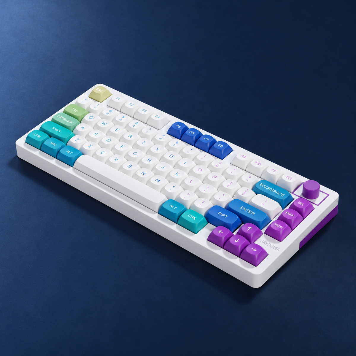SIMPOCUBIC Fantasy MOA PBT keycaps with English legends on a standard keyboard, right angled view