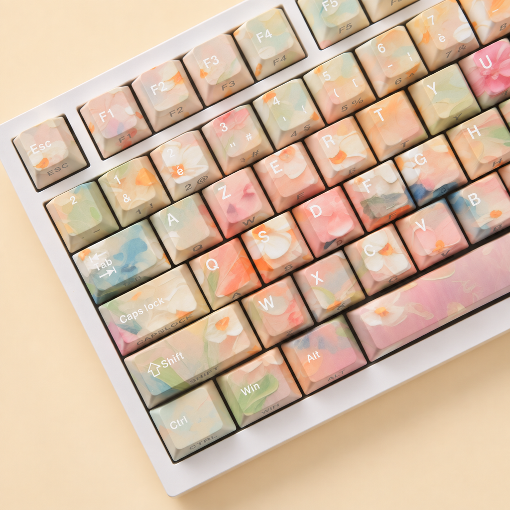 Garden French AZERTY keycaps, left angle detail