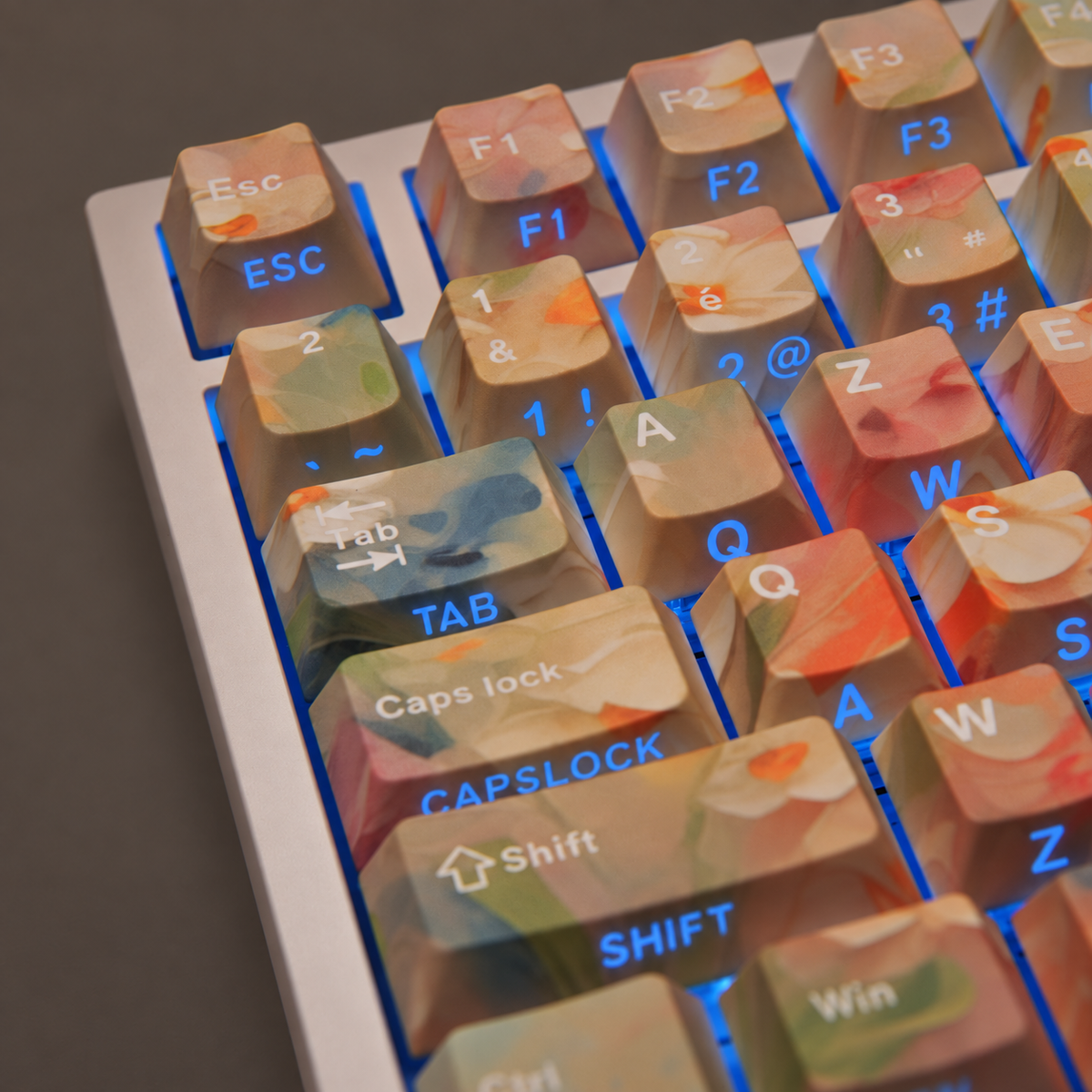 Garden French AZERTY keycaps, semi dark side shine through