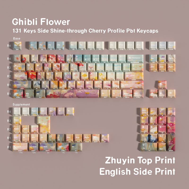 Ghibli Flower 131-Key Side Shine-Through Cherry Profile PBT Keycap Set — Phonetic / Double Engraving keyboard layout