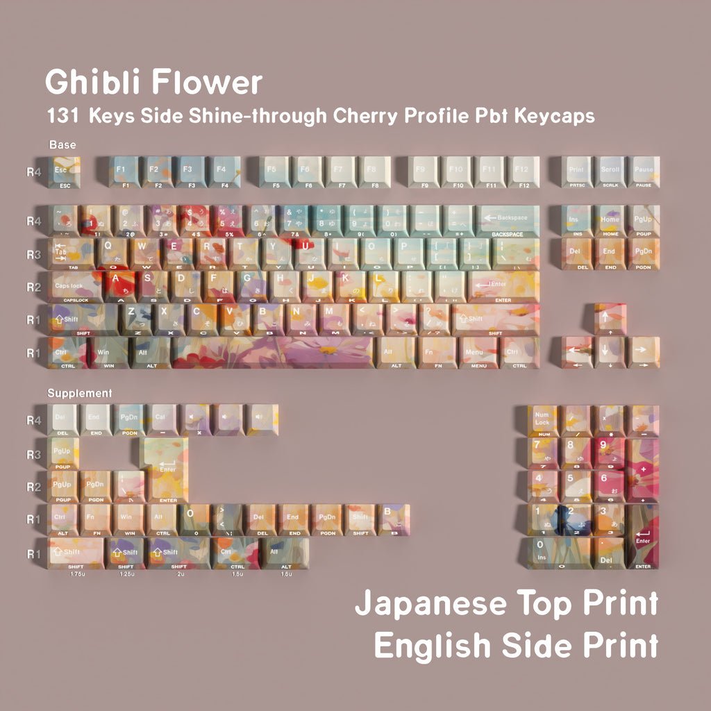 Ghibli Flower 131-Key Side Shine-Through Cherry Profile PBT Keycap Set — Japanese Kana / Double Engraving keyboard layout