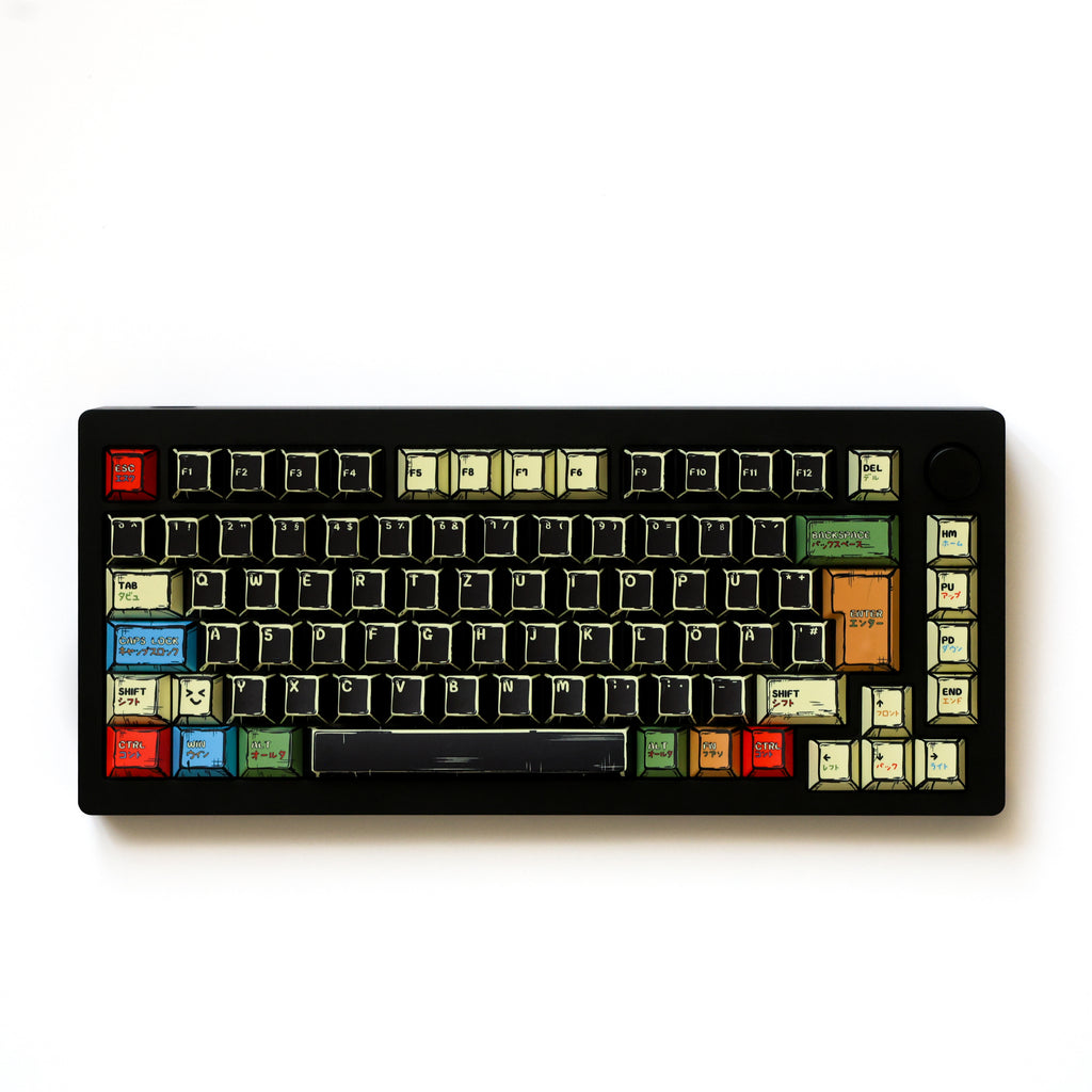 Gozilla Manga keycap set on a German QWERTZ keyboard, full top view