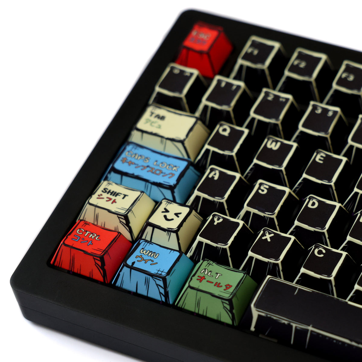 Gozilla Manga German QWERTZ keycaps, left-side top angle close-up