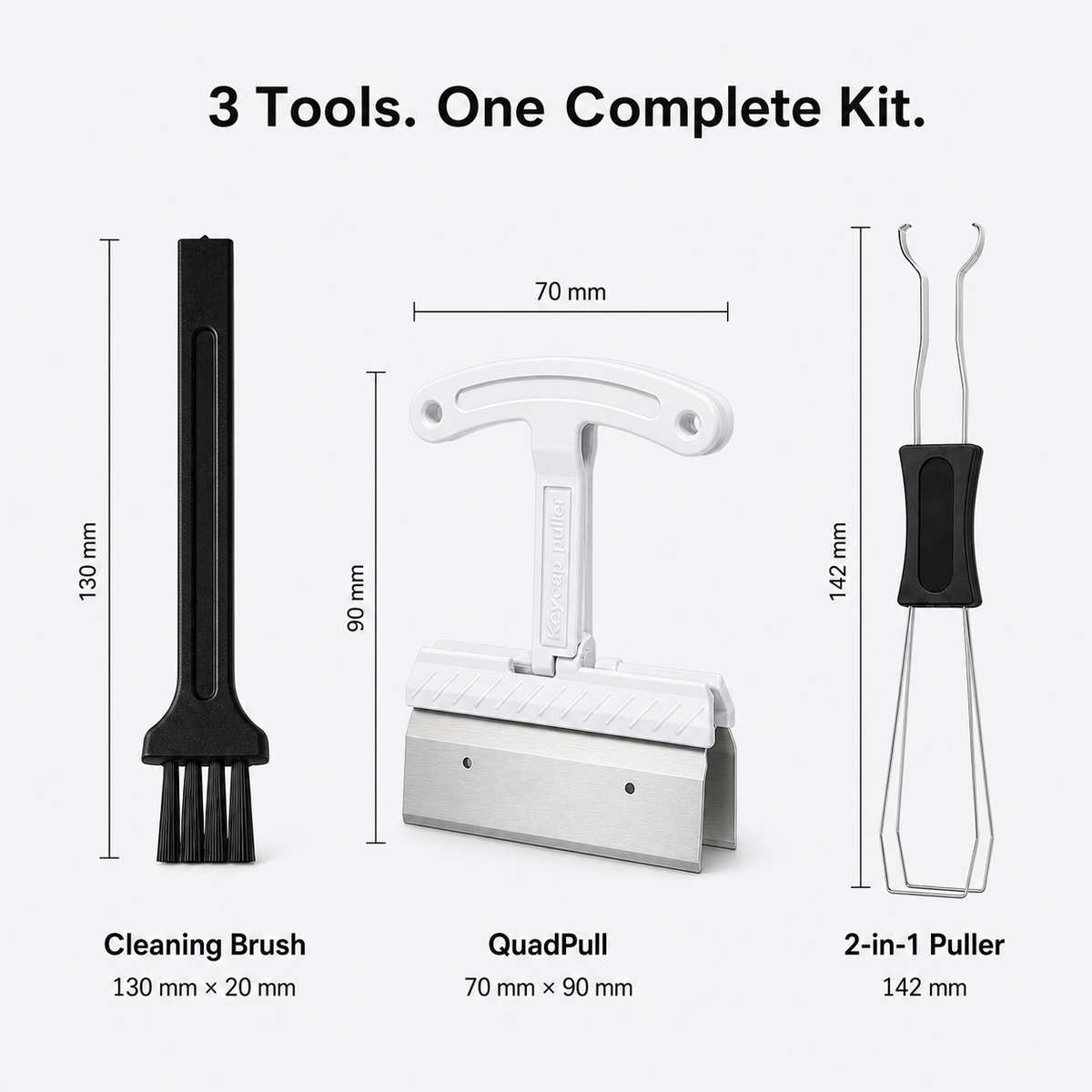 SIMPOCUBIC keyboard care kit contents and tool dimensions