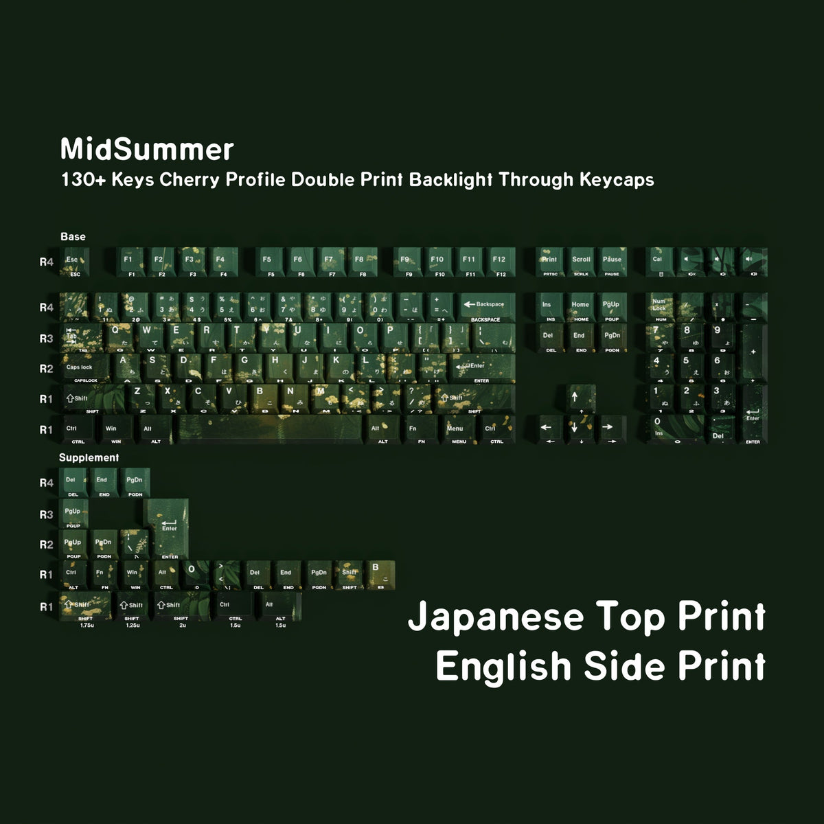 MidSummer 130+ Key Shine-through PBT Cherry Keycap Set — Japanese Kana / Double Engraving keyboard layout