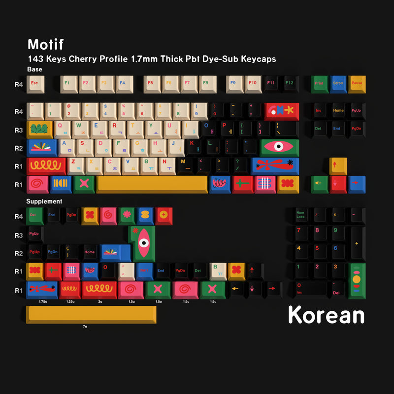 Motif 143-Key Cherry Profile PBT Dye-Sub Keycap Set — Korean Hangul keyboard layout