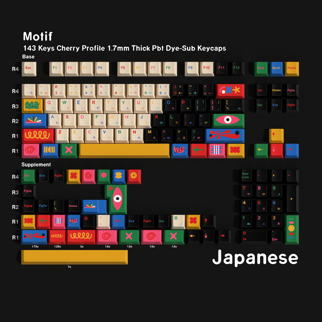 Motif 143-Key Cherry Profile PBT Dye-Sub Keycap Set — Japanese Kana keyboard layout