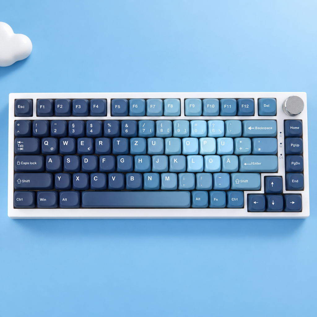 Ocean Heart MOA PBT keycaps in German QWERTZ layout, full mounted keyboard top view