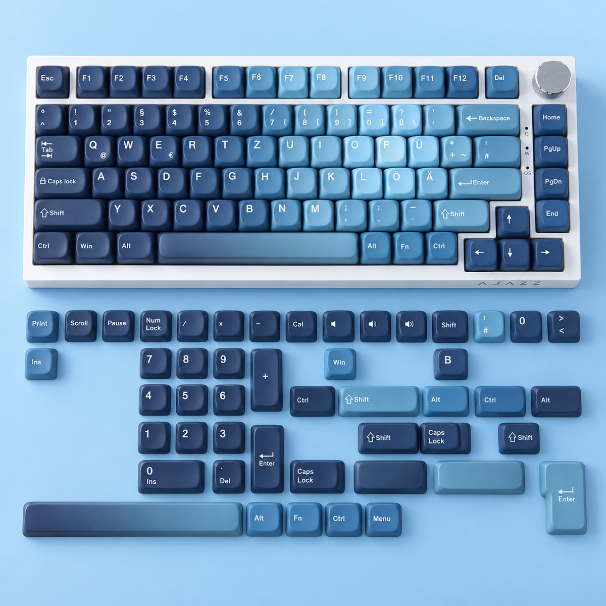 Ocean Heart MOA PBT keycaps in German QWERTZ layout, full mounted keyboard and 48 spare caps without a tray