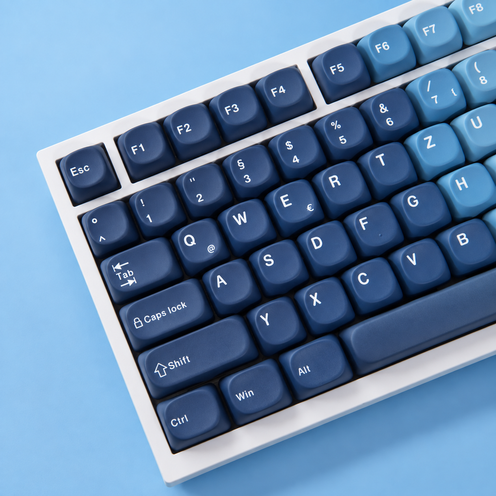 Ocean Heart MOA PBT keycaps in German QWERTZ layout, left modifier and letter-key detail