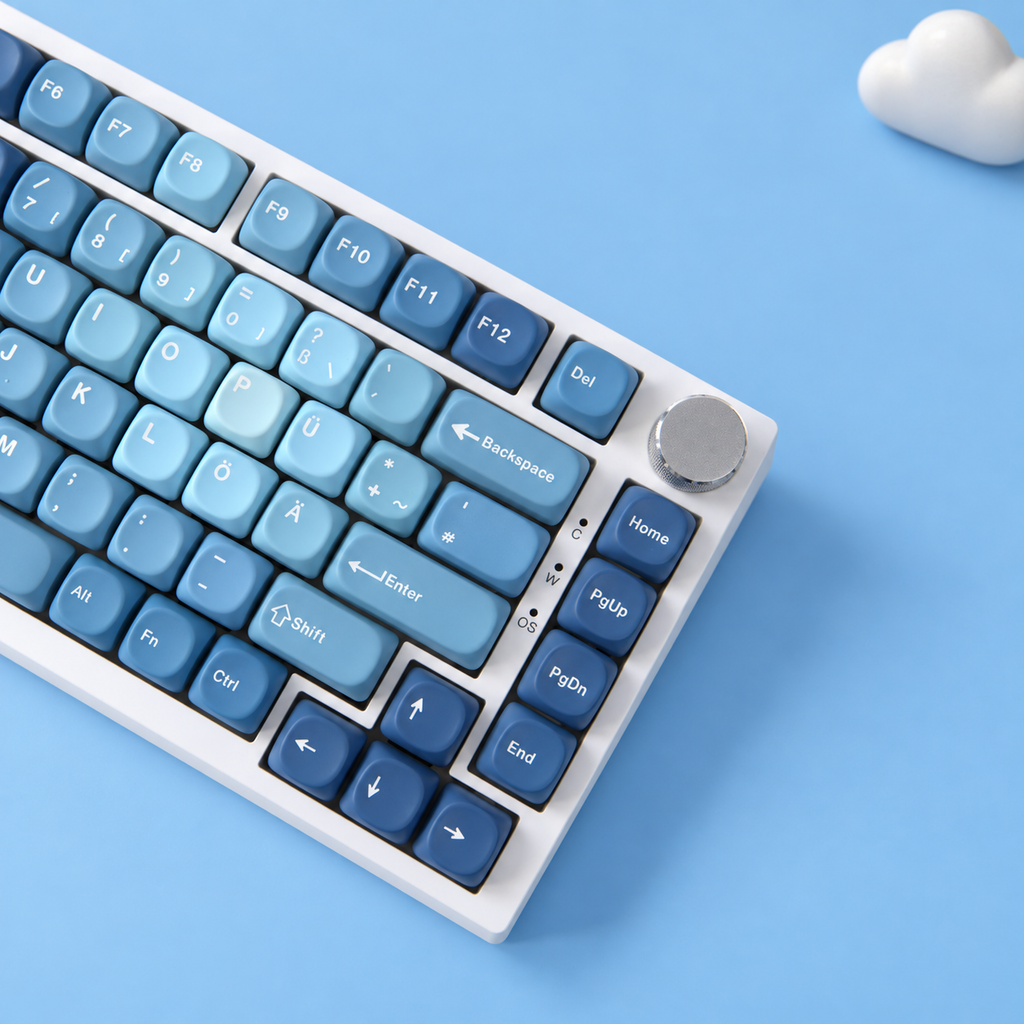 Ocean Heart MOA PBT keycaps in German QWERTZ layout, right-side keycaps and silver knob detail