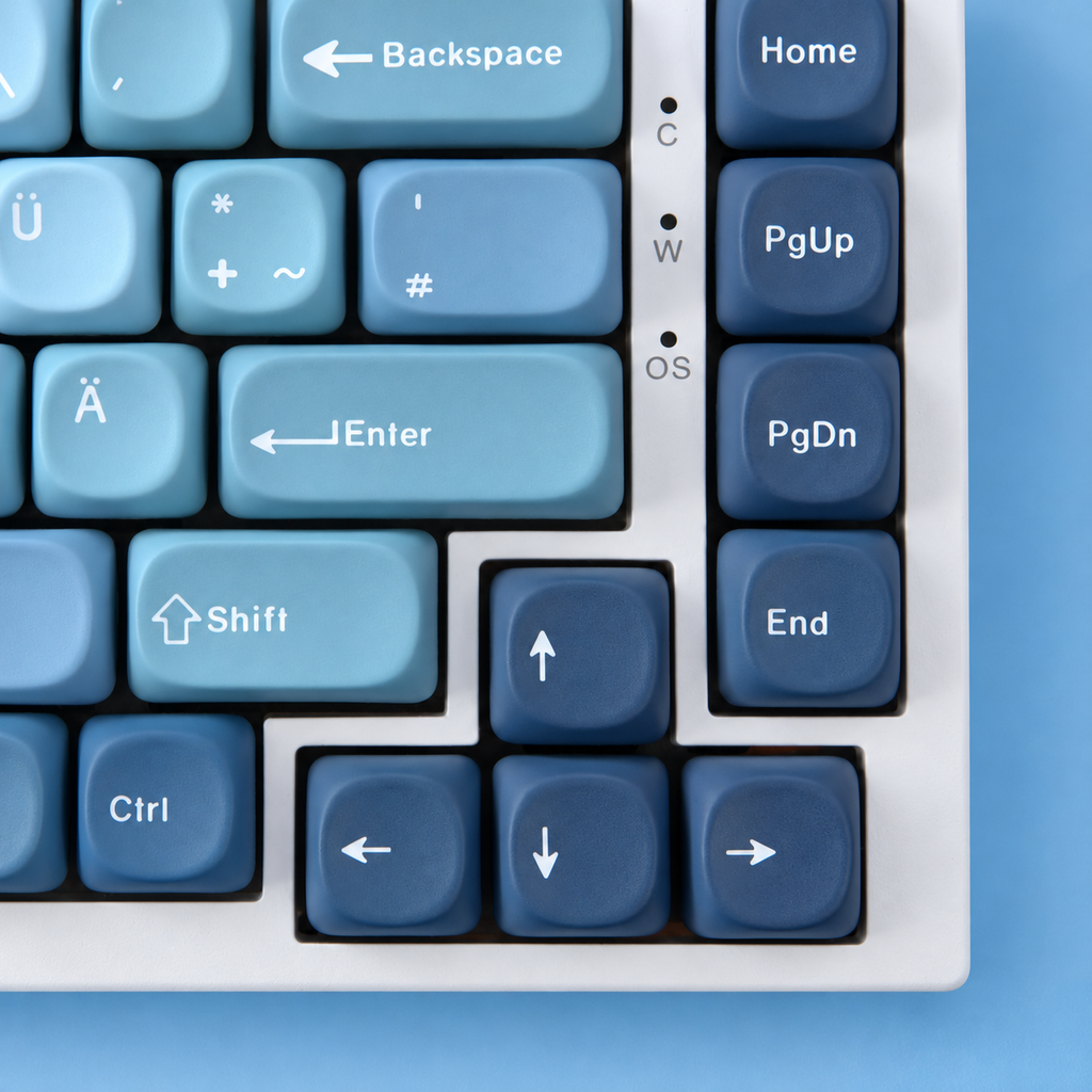 Ocean Heart MOA PBT keycaps in German QWERTZ layout, four arrow keys and navigation-key detail