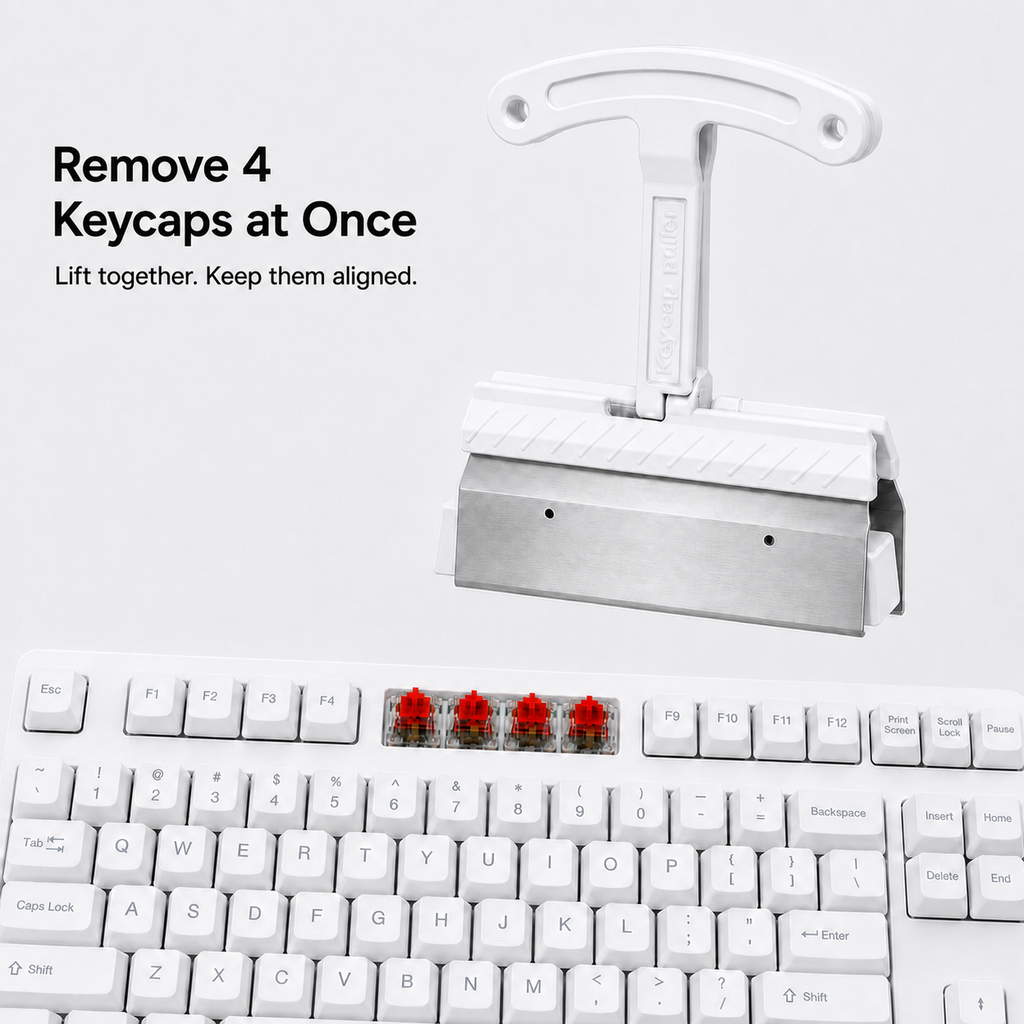 QuadPull removing four keycaps at once from a mechanical keyboard