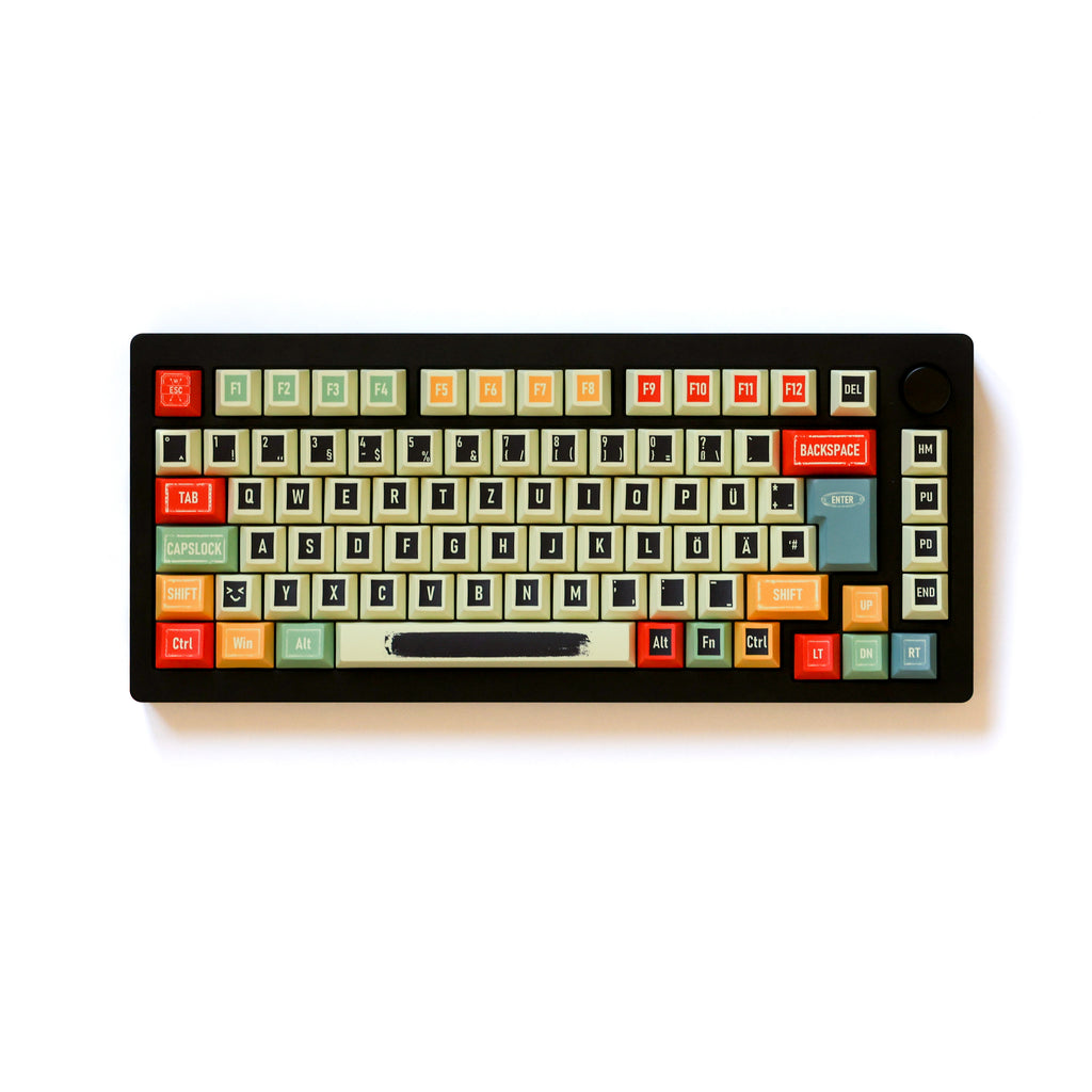 Retro PBT Cherry keycaps on a German QWERTZ keyboard, full top view