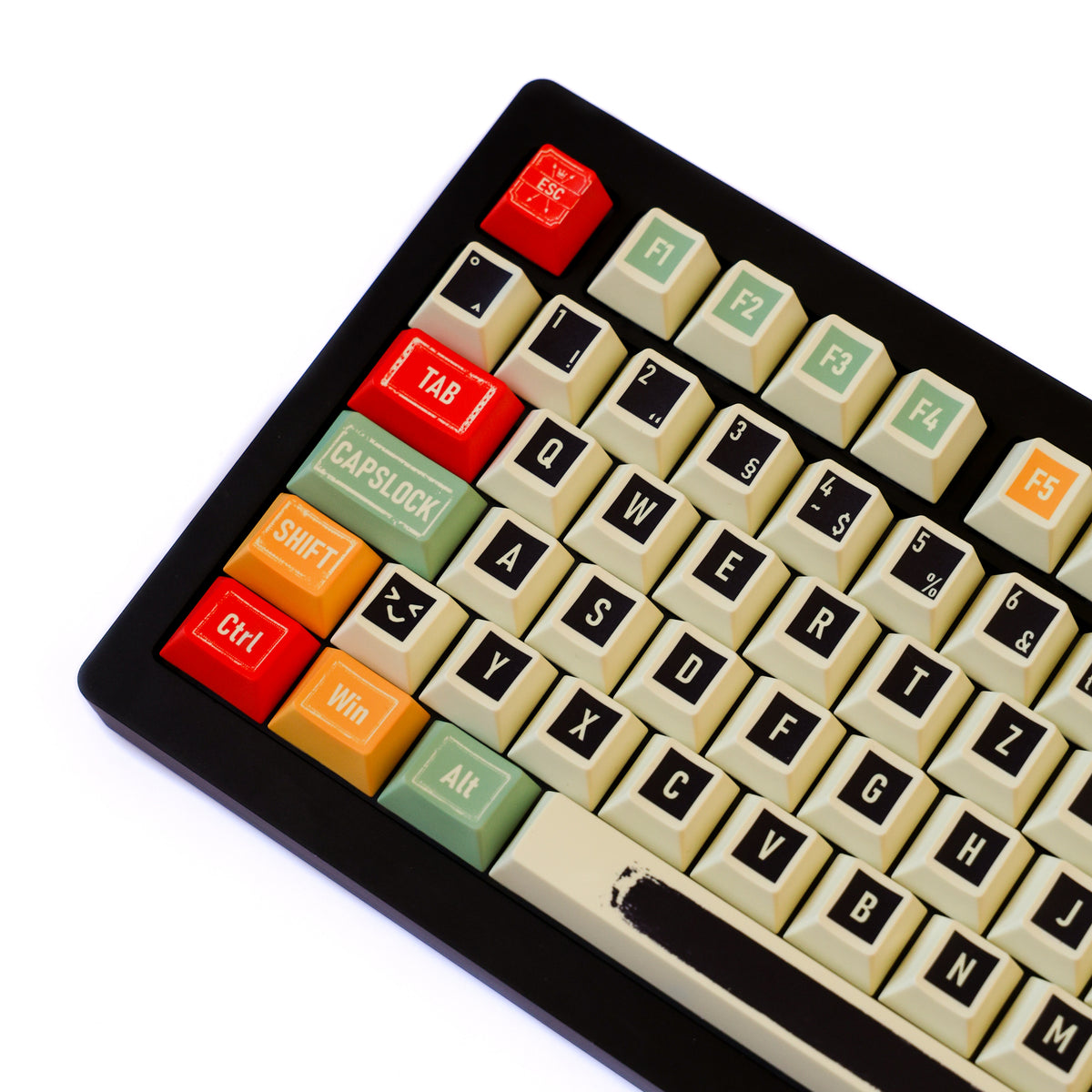 Retro PBT Cherry German QWERTZ keycaps, left-side angled view