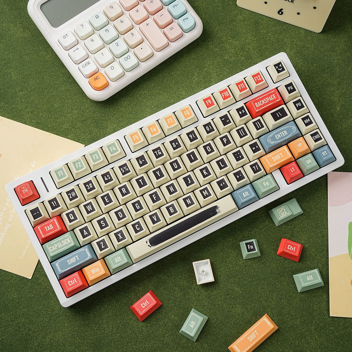 Retro PBT Cherry keycaps on an English QWERTY keyboard, full desk view