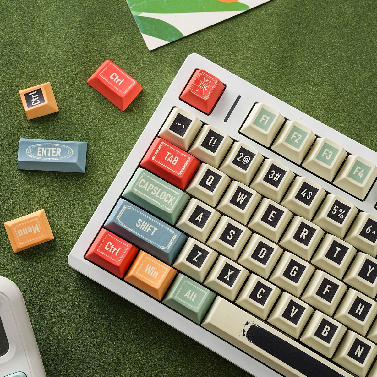 Retro PBT Cherry English QWERTY keycaps, left-side close-up