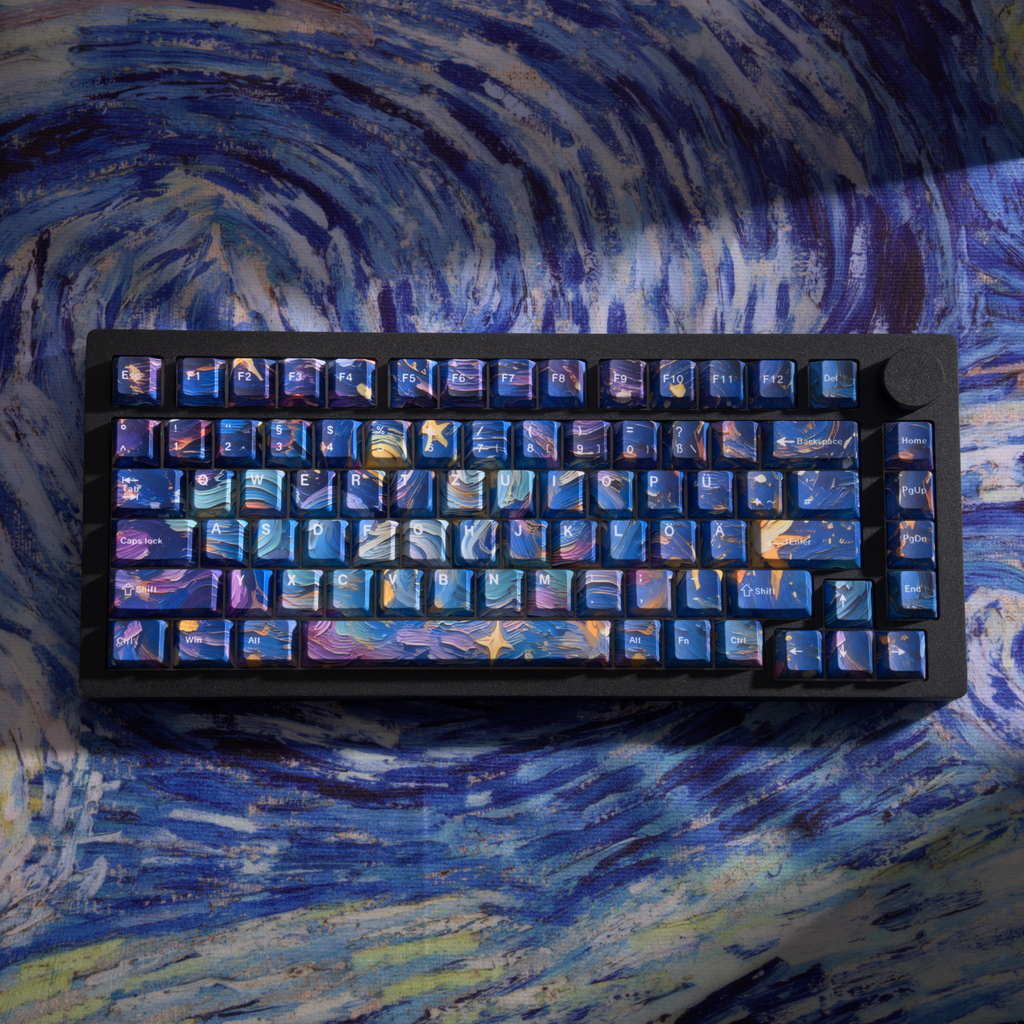 Starry Sky V5 German QWERTZ keycaps, full mounted keyboard, top view