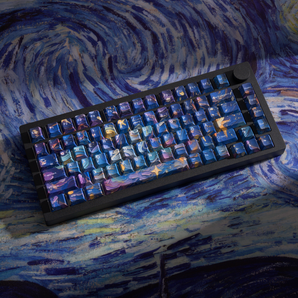 Starry Sky V5 German QWERTZ keycaps, full mounted keyboard, angled view