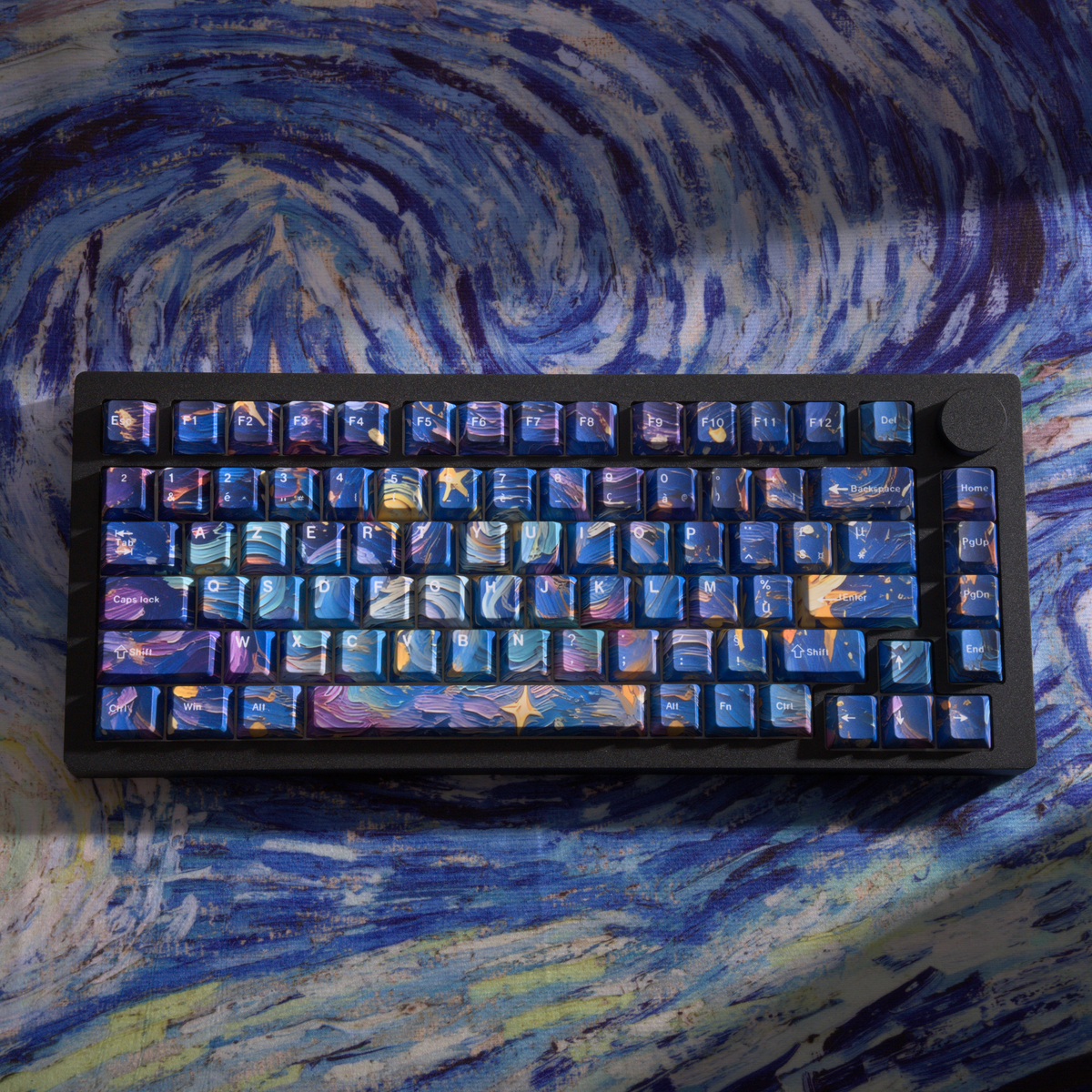 Starry Sky V5 French AZERTY keycaps, full mounted keyboard, top view