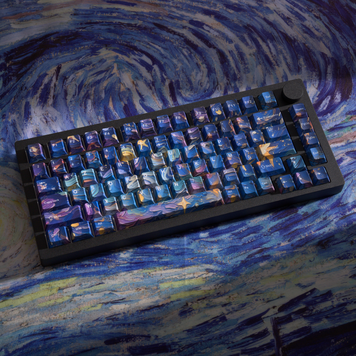 Starry Sky V5 French AZERTY keycaps, full mounted keyboard, angled view